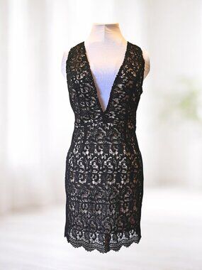 Whimsigoth Dark Boho Sexy Club Lace Black Dress M V Plunge Neck Vamp Indie Fairy